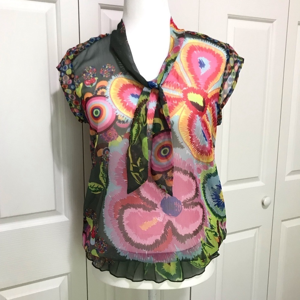 Desigual Sheer Floral Tie V-Neck Blouse Cap Sleeve Art Print S Y2K